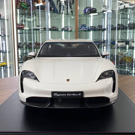 1/8 Resin MINICHAMPS Porsche Taycan Turbo S 2020 Pearl White - studio product photo of the scale model