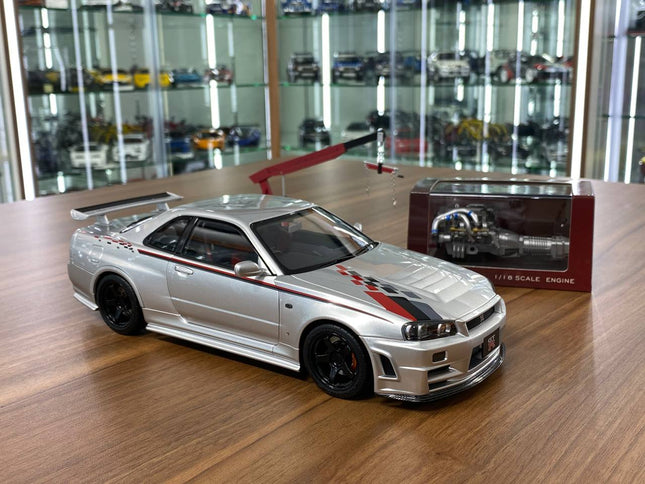 MotorHelix 1/18 Nissan Skyline GT-R R34 Nismo CRS Livery Silver Diecast Model - detailed collector display model