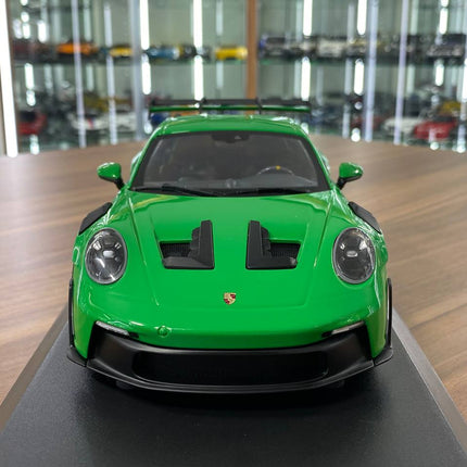 Minichamps Porsche 911 GT3 RS 2023 1:18 Diecast Model Car Green - studio product photo of the scale model