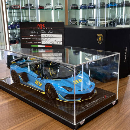 MR Collection 1:18 Lamborghini Aventador Roadster SVJ #63 Blue Yellow 1 of 1 Resin Model - scale model collectible piece