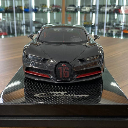 MR Collection Models Bugatti Chiron Sport with Open Wing 1/18 Grey Carbon Resin Model - studio product photo of the scale mod