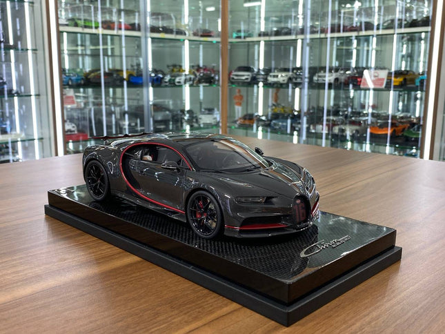 MR Collection Models Bugatti Chiron Sport with Open Wing 1/18 Grey Carbon Resin Model - detailed collector display model