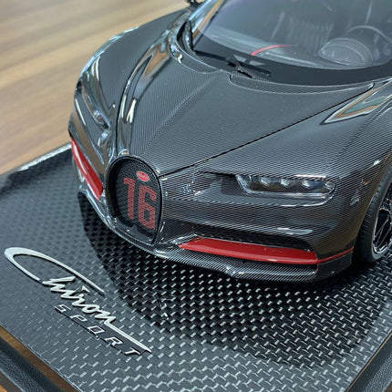 MR Collection Models Bugatti Chiron Sport with Open Wing 1/18 Grey Carbon Resin Model - detailed die-cast style model