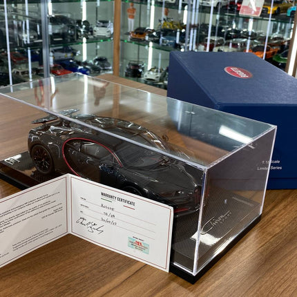MR Collection Models Bugatti Chiron Sport with Open Wing 1/18 Grey Carbon Resin Model - showroom-quality model replica