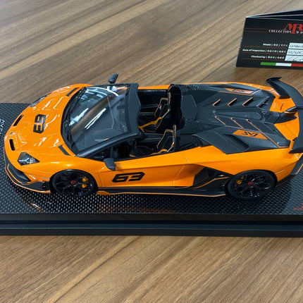 MR Collection Models Lamborghini Aventador Roadster SVJ 1:18 Arancio Atlas 63 Livery - studio product photo of the scale mode