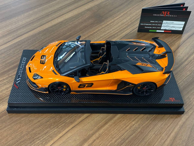 MR Collection Models Lamborghini Aventador Roadster SVJ 1:18 Arancio Atlas 63 Livery - studio product photo of the scale mode