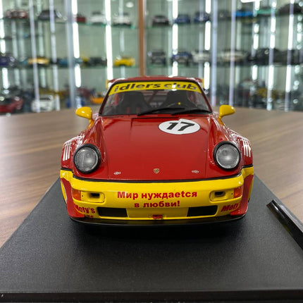 1/18 Diecast Solido Porsche RWB - MATY'S IDLERS 2016 #17 in Red/Yellow - studio product photo of the scale model