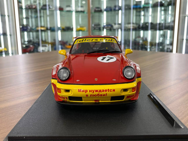 1/18 Diecast Solido Porsche RWB - MATY'S IDLERS 2016 #17 in Red/Yellow - studio product photo of the scale model
