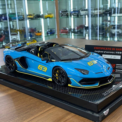 MR Collection 1:18 Lamborghini Aventador Roadster SVJ #63 Blue Yellow 1 of 1 Resin Model - detailed collector display model