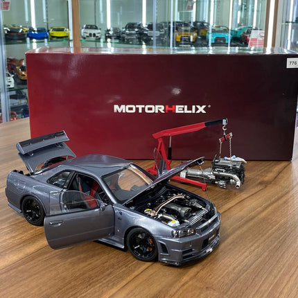 MotorHelix 1:18 Nissan Skyline GT-R R34 Nismo Z-Tune Gun Metallic Diecast Model - scale model for display