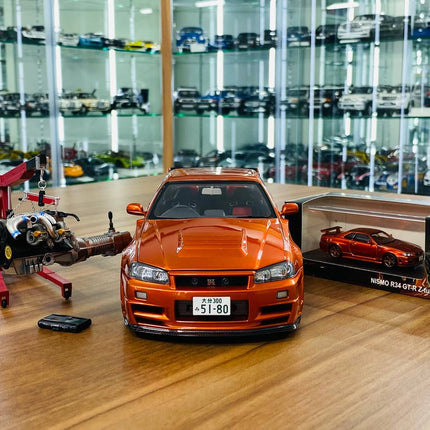 MotorHelix Nissan Skyline GT-R R34 Z-Tune Nismo 1/18 Diecast Model Metallic Orange - collectible scale model car