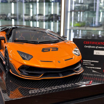 MR Collection Models Lamborghini Aventador Roadster SVJ 1:18 Arancio Atlas 63 Livery - scale model collectible piece