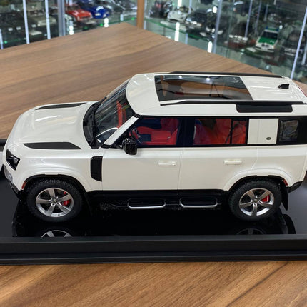 Pearl white Land Rover Defender 110 1:18 scale resin model SUV, premium collectible studio photo, limited edition