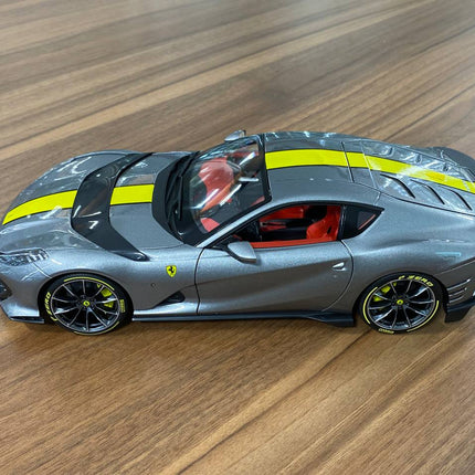 Bburago Signature Series Ferrari 812 Competizione 1:18 Diecast Model Car Grey Yellow Stripe - scale model for display