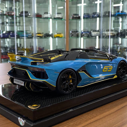 MR Collection 1:18 Lamborghini Aventador Roadster SVJ #63 Blue Yellow 1 of 1 Resin Model - fine detailed model replica
