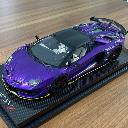 MR Collection 1/18 Resin Lamborghini Aventador Roadster SVJ Metallic Purple Italy Flag - detailed die-cast style model