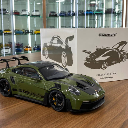 Minichamps Porsche 911 (992) GT3 RS 2024 Weissach Paket 1:18 Diecast Model NATO Olive - showroom-quality model replica