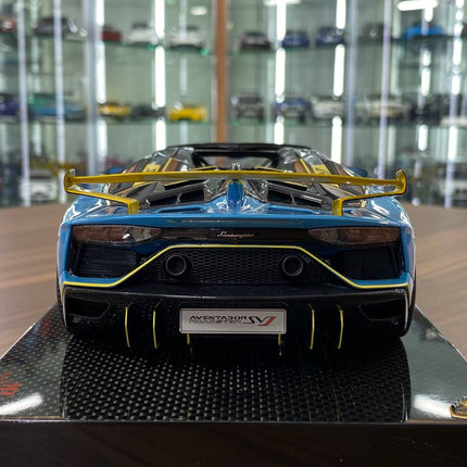 MR Collection 1:18 Lamborghini Aventador Roadster SVJ #63 Blue Yellow 1 of 1 Resin Model - premium collector scale model