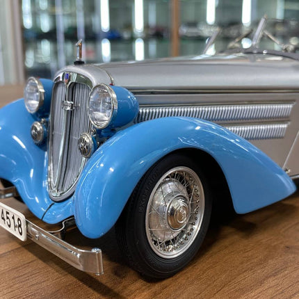 CMC Audi Front 225 Roadster 1935 1/18 Silver Blue Diecast Model Car - detailed die-cast style model