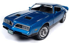 1:18 scale 1978 Pontiac Firebird Formula diecast model car in metallic blue, front view