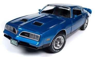 1:18 scale diecast 1978 Pontiac Firebird Formula in metallic blue, detailed muscle car model