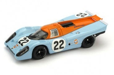 1:18 scale diecast model of blue and orange classic race car with number 22 details