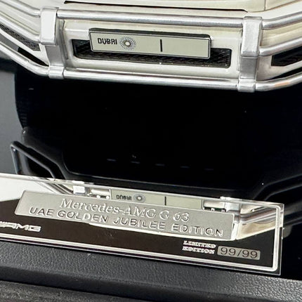 Motor Helix Mercedes Benz G63 AMG UAE Golden Jubilee Edition 1:18 Resin Model Car Silver White - studio product photo of the 