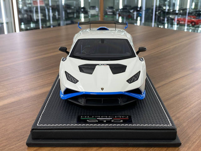 MR Collection Lamborghini Huracan STO 1:18 White Resin Limited Edition Diecast Model Car - studio product photo of the scale 