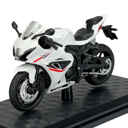 1:18 scale white Suzuki GSX-R1000 diecast model motorcycle with red accents on black stand