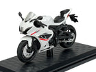 1:18 scale white Suzuki GSX-R1000 diecast model motorcycle with red accents on black stand