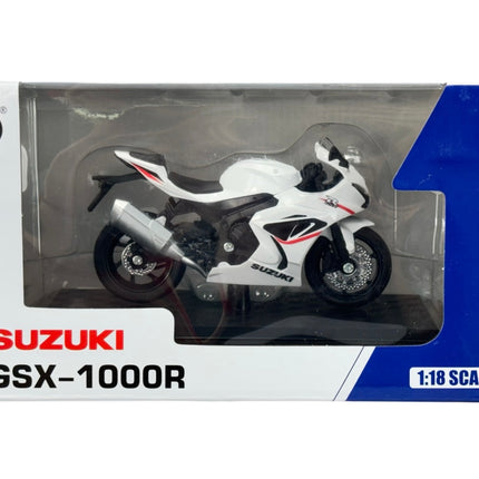 1:18 scale Suzuki GSX-R1000 white diecast model motorcycle in display box packaging