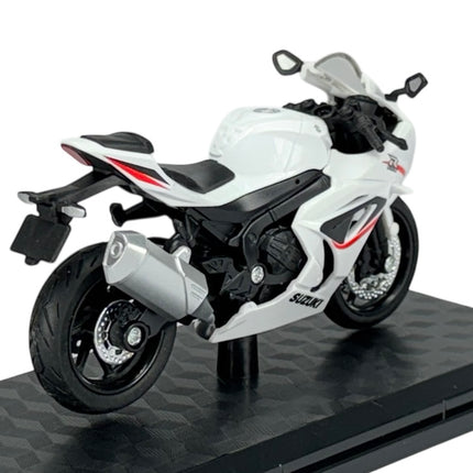1:18 scale white Suzuki GSX-R1000 diecast model motorcycle on display stand, rear view