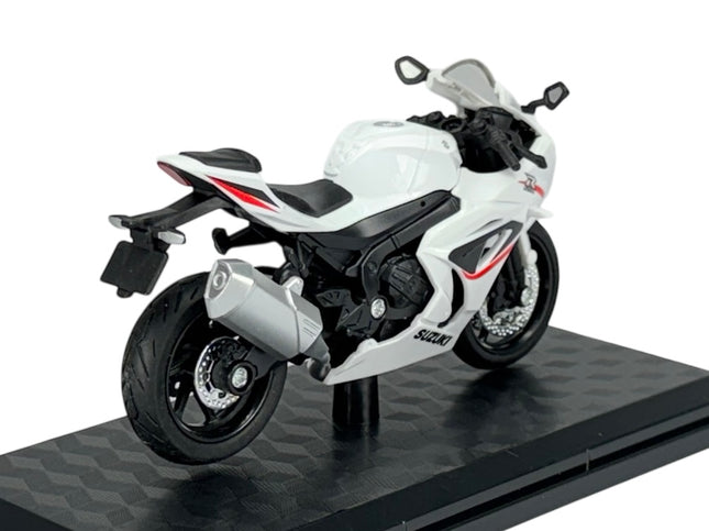1:18 scale white Suzuki GSX-R1000 diecast model motorcycle on display stand, rear view