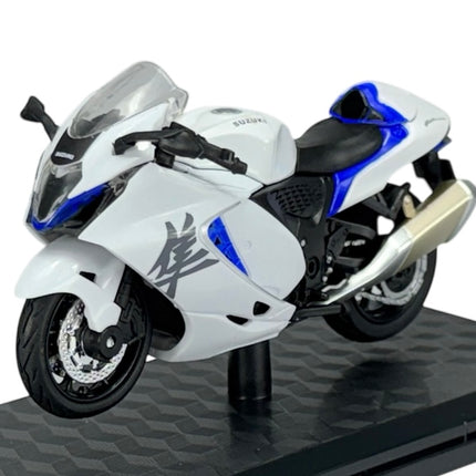 1:18 scale white Suzuki Hayabusa diecast motorcycle model on display stand