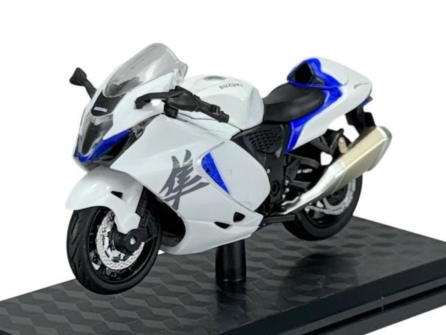 1:18 scale white Suzuki Hayabusa diecast motorcycle model on display stand