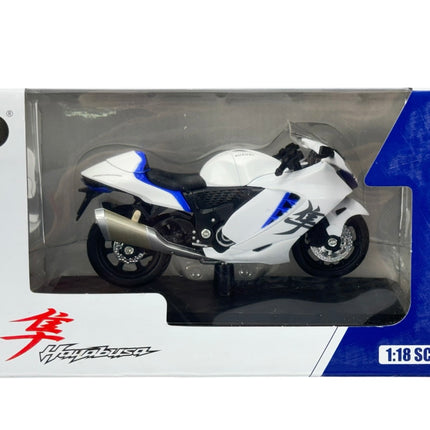 1:18 scale white Suzuki Hayabusa diecast model motorcycle in retail packaging