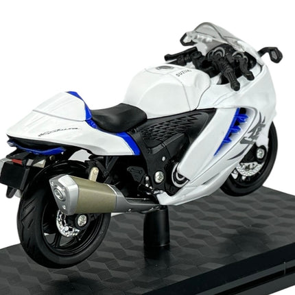 1:18 scale white Suzuki Hayabusa diecast motorcycle model on display stand