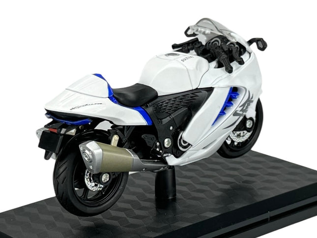 1:18 scale white Suzuki Hayabusa diecast motorcycle model on display stand