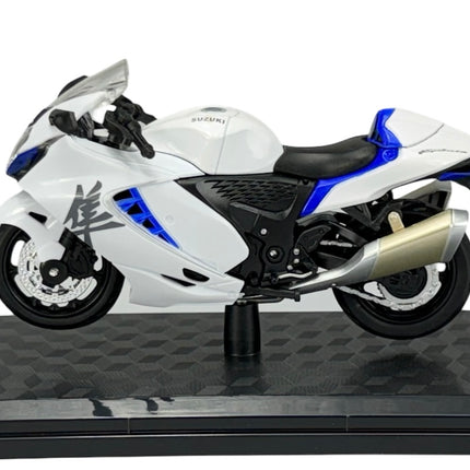 1:18 scale white Suzuki Hayabusa diecast motorcycle model on display stand