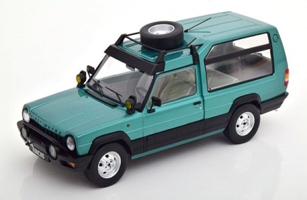1:18 scale green diecast Talbot Simca Rancho model car, side view, with roof spare tire