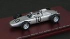 Diecast 1:43 scale 1962 Porsche 804 Formula 1 model race car, silver, number 10, on display base.