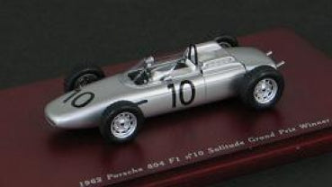 Diecast model of 1962 Porsche 804 F1 race car in silver with number 10 on display base
