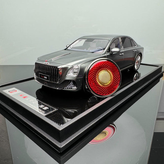 YX Car Model Hongqi Guoya Silver Hardcover Limited Edition 1:18 Resin Model Car - studio product photo of the scale model