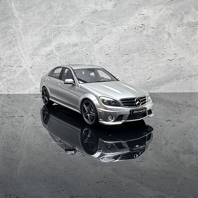 GT Spirit Mercedes-Benz C63 Silver 1:18 Resin Model Car - studio product photo of the scale model